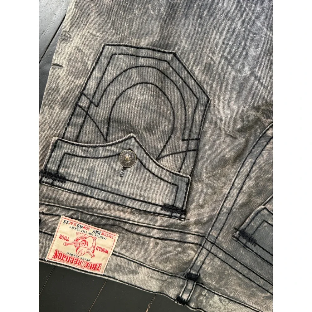 True Religion Joey Mens Gray Acid Wash Black Triple Stitch Jeans Size 40x33 USA